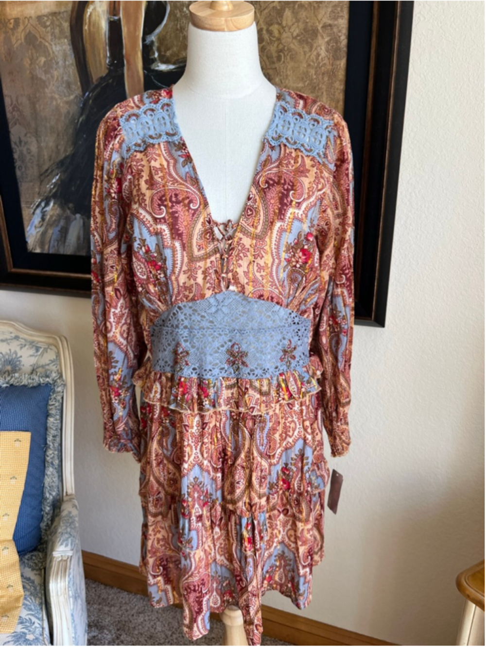 NWT Alex Max Orange Blue Paisley Mini Dress M/L